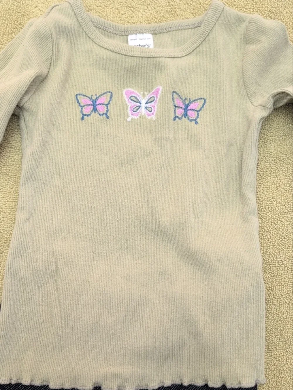Girls' Green Butterfly Long-Sleeve Top and Fleece Lines Blue Pants